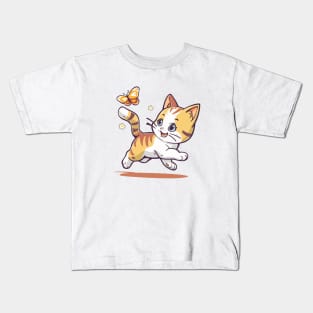 Kitten plays with a butterfly. Kids T-Shirt